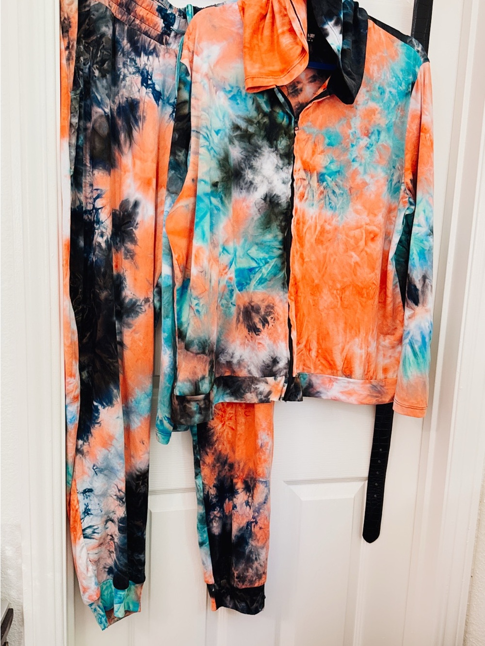 Plus Women's Tie-Dye hoodie Set - Orange & Teal Long Sleeve Top and Pants